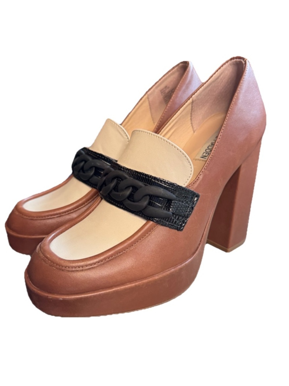 Steve Madden Rhylee Brown Black Loafer Platform Heels Shoes Women's Size 8.5 S4